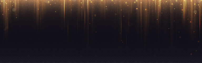 Poster - Vertical gold flare on black background. Abstract bg with golden glow sparkles and light pass from top down. Realistic vector illustration of border with bright mystery ray or star trail with glitter.