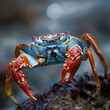 A group of red crabs scuttle along the rocky shoreline, their vibrant shells contrasting against the rugged terrain
