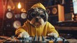 A dog wearing glasses and a yellow hoodie is sitting in front of a DJ mixer