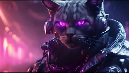 Wall Mural - Anthropomorphic fantasy cat in cyborg armor. Fantastic android kitten in cyberpunk style. Technology and future concept.