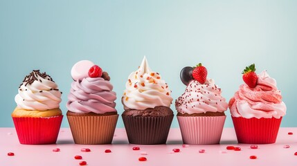 Poster - Close-up of a selection of gourmet cupcakes in various flavors, beautifully decorated, on a pastel background. 