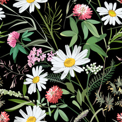 Wall Mural - Seamless pattern with flowers - Chamomilla, Clover, Achillea Millefolium and grass isolated on the black background. Hand-drawn illustrations of wildflowers.