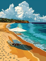 Wall Mural - A beach scene with a chair and umbrella on the sand