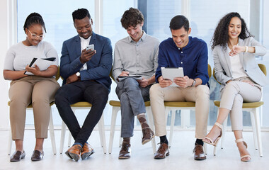 Poster - Diversity, people and smile with technology for job interview, networking and communication at office. Employee, interns and happy at work for training, hiring and career opportunity with confidence