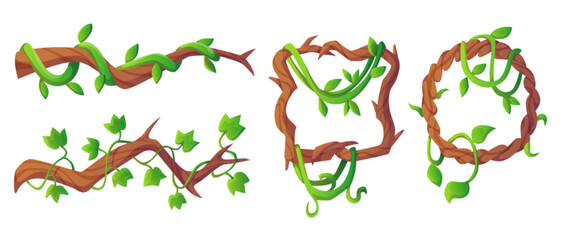 Poster - jungle liana vine - long branches and circle and square frame with green creeping plant and leaves. 