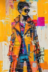 Sticker - A woman in a yellow coat is standing in front of a wall with a lot of different