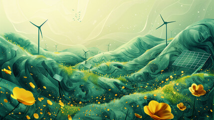 wind turbine motifs on a green abstract background, renewable energy