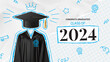 Greeting banner of graduation 2024. Vector collage with graduation cap and gown on torn notebook leaf and crumpled paper. Graduation collage for decoration social media, poster, degree ceremony.