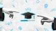 Greeting collage of graduation ceremony. Vector collage with halftone hands pointing fingers to graduation cap. Graduation collage for decoration social media, poster, degree ceremony.