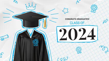 Wall Mural - Greeting banner of graduation 2024. Vector collage with graduation cap and gown on torn notebook leaf and crumpled paper. Graduation collage for decoration social media, poster, degree ceremony.