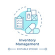 Inventory management soft blue concept icon. Drug manufacturing, pharmaceutical products. Round shape line illustration. Abstract idea. Graphic design. Easy to use in infographic, article