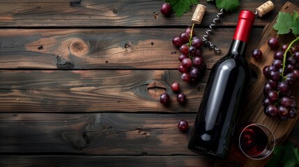 Poster - Vintage bottle of red wine with blank matte black label, poured glass, corkscrew & grapes, grunged wood table background. Expensive bottle of cabernet sauvignon concept. Copy space, top view, flat lay