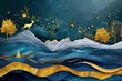 3d modern art mural wallpaper with dark blue Jungle, forest dark blue background colorful christmas tree, mountain , golden deer, golden birds and gold waves. for use as a frame on walls,Generative AI