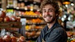 A young Caucasian man smiles while standing in his grocery store. Concept Portrait Photography, Small Business Owner, Smiling Man, Grocery Store, Caucasian Model