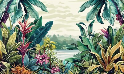  Tropical Exotic Landscape Wallpaper. Hand Drawn Design. Luxury Wall Mural, Generative AI