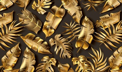 Exotic seamless pattern with dark golden banana leaves palm leaves vintage hand drawn 3d illustration good for production wallpapers cloth fabric printing mural shiny background, Generative AI