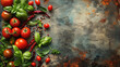 culinary background, cherry tomatoes and herbs on a dark background