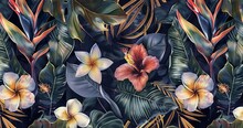 Tropical Seamless Pattern With Exotic Leaves Strelitzia Flowers Hibiscus And Plumeria Vintage Texture Floral Background Dark Watercolor 3d Illustration For Luxury Wallpapers Tapestry, Generative AI