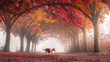An English Springer Spaniel on a misty morning walk, finding a hidden treat under a canopy of autumn-colored trees, with the early morning fog adding a mystical quality.