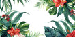 watercolor tropical leaves and flowers frame on a white background