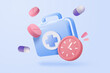 3d alarm clock with medical medication bottle and pharmacy drug icon. Vaccination medical equipment, healthcare medicine. medical pharmacy medicament. 3d medicine cure icon vector render illustration