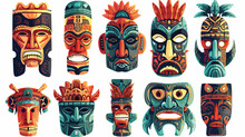 Tribal Tiki Masks Hawaiian Totem Culture Vector Woode
