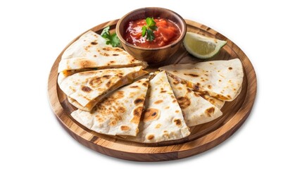 Wall Mural - Quesadilla with sauce on wooden tray isolated white background