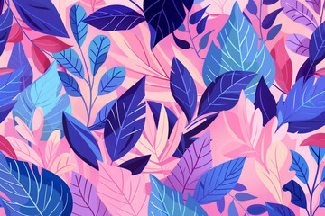 Wall Mural - A flat vector illustration of a pink background with blue and purple leaves in a seamless pattern of simple shapes and flat color. Vibrant color. 