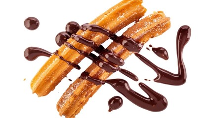 Wall Mural - Top view churros with melted chocolate isolated white background