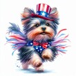 Yorkshire Terrier Dog Patriotic with American Flag. Watercolor 4th July Memorial Day Clip Art. Celebration USA (United State) Independence Day Art Cute Cartoon Character