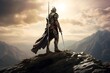 Medieval knight on the top of a mountain. 3d render