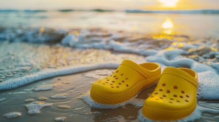 A pair of Crocs are laying on the beach in the water