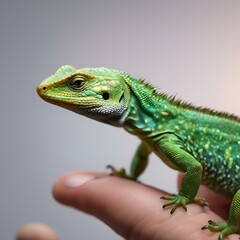 Canvas Print - AI generated illustration of a green lizard on a human finger