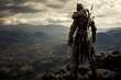 Warrior on the top of a mountain. 3d rendering.
