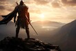 Medieval knight in armor on top of the mountain. 3d render