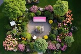 Fototapeta Natura - Garden Decor Overhead: Use a drone to capture an overhead view of the garden decor arrangement.