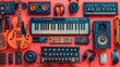 A collection of vibrant music-themed stickers, portrayed on a solid red background, capturing musical instruments and catchy symbols in high-definition clarity.