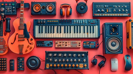 Wall Mural - A collection of vibrant music-themed stickers, portrayed on a solid red background, capturing musical instruments and catchy symbols in high-definition clarity.