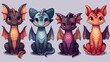A series of cute fantasy creature stickers, illustrated on a solid purple background, bringing magical beings and whimsical details to life with the realism and detail of an HD camera.
