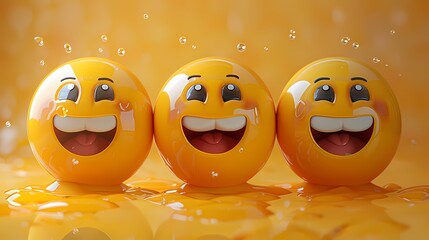 Wall Mural - A set of 3D cute emoji stickers, arranged on a solid yellow background, capturing their joyful poses and delightful details in high-definition realism.