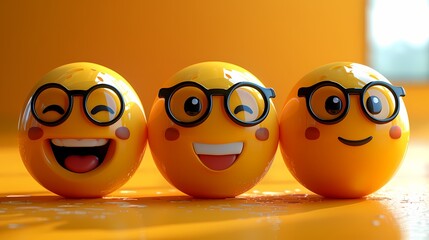 Poster - A set of 3D cute emoji stickers, arranged on a solid yellow background, capturing their joyful poses and delightful details in high-definition realism.
