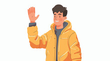 Young Man Waives Hand In Hello. Vector Flat Cartoon Illustration
