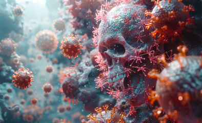 Wall Mural - Human skull surrounded by viruses. Human body anatomy with virus bacteria