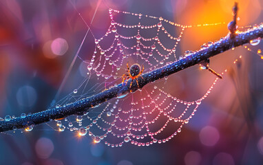 Spider on web with water drops. A Spider Web