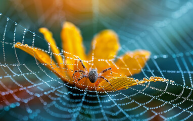 Spider on yellow flower with dew drops