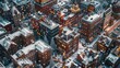 Aerial view of a 3D snowy cityscape with Christmas decorations on every building