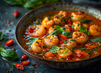Wall Mural - Spicy shrimps in tomato sauce with spices and herbs in rustic bowl