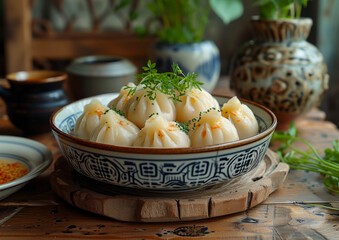 Wall Mural - Steamed dumplings are placed in bowl on wooden table