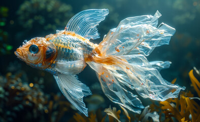 Plastic pollution concept with underwater fish made from plastic bag swimming in the ocean