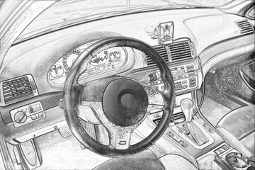 Wall Mural - Shift lever, car steering wheel and sensors. Inside a modern car view, city car interior background. Pencil drawing sketch illustration